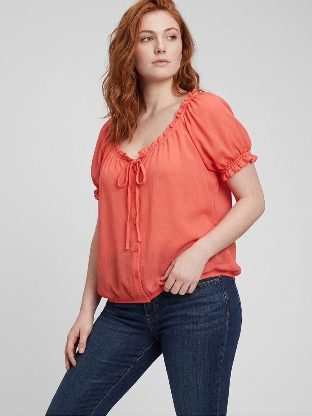 torrid Coral Tie-Front Ruffle Puff Sleeve Blouse